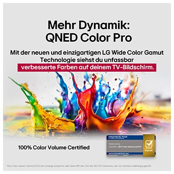 Farbspritzer platzen vom Boden aufwärts in verschiedenen Farben. Intertrek-Zertifizierung für 100% Farbvolumen nach DCI-P3. Der Titel spricht über LGs neue und einzigartige Wide Color Gamut-Technologie, die es dir ermöglicht, lebendige Farben auf deinem Bildschirm zu sehen.