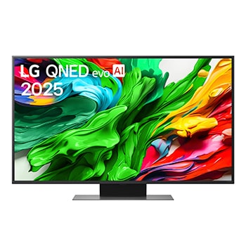Frontansicht des LG QNED evo TV, LG QNED evo Al Logo in der oberen Ecke. LG QNED evo TV zeigt bunte Paintike-Texturen, die zusammenkommen.