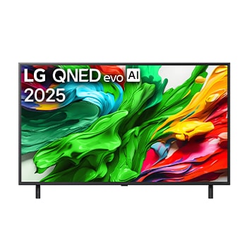 Frontansicht des LG QNED evo TV, LG QNED evo Al Logo in der oberen Ecke. LG QNED evo TV zeigt bunte Paintike-Texturen, die zusammenkommen.