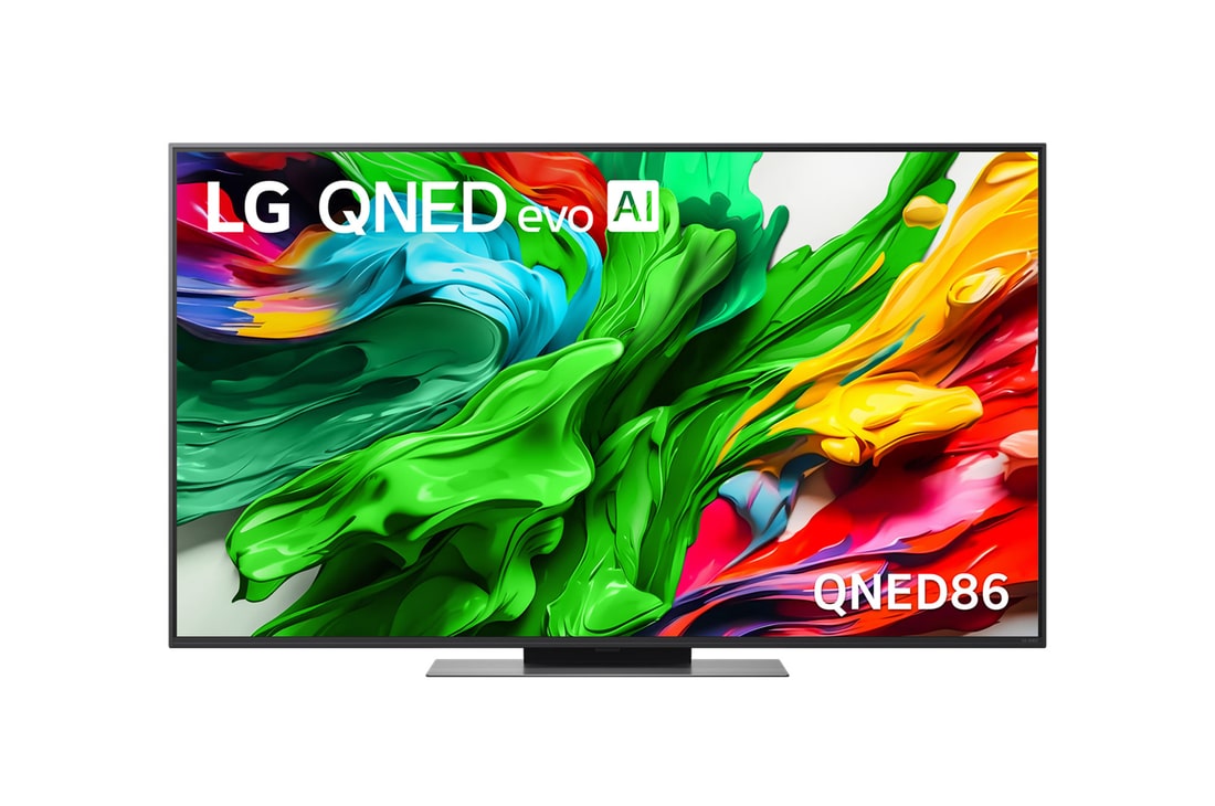 Frontansicht des LG QNED evo TV, LG QNED evo Al Logo in der oberen Ecke. LG QNED evo TV zeigt bunte Paintike-Texturen, die zusammenkommen.