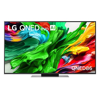 Frontansicht des LG QNED evo TV, LG QNED evo Al Logo in der oberen Ecke. LG QNED evo TV zeigt bunte Paintike-Texturen, die zusammenkommen.