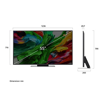 Frontansicht und Seitenansicht des LG QNED evo AI 4K Smart TV mit den Abmessungen Länge, Breite, Höhe und Tiefe.