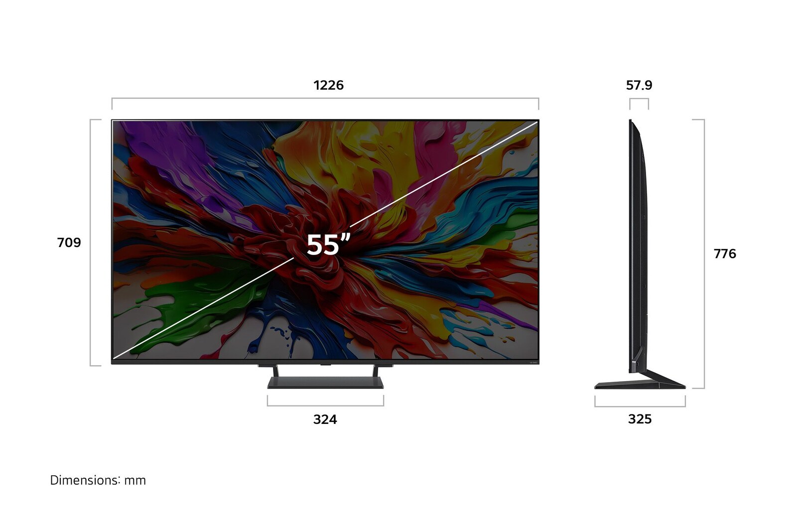 Frontansicht und Seitenansicht des LG QNED evo AI 4K Smart TV mit den Abmessungen Länge, Breite, Höhe und Tiefe.