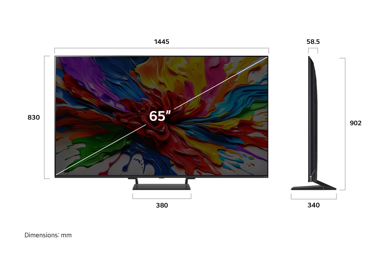 Frontansicht und Seitenansicht des LG QNED evo AI 4K Smart TV mit den Abmessungen Länge, Breite, Höhe und Tiefe.