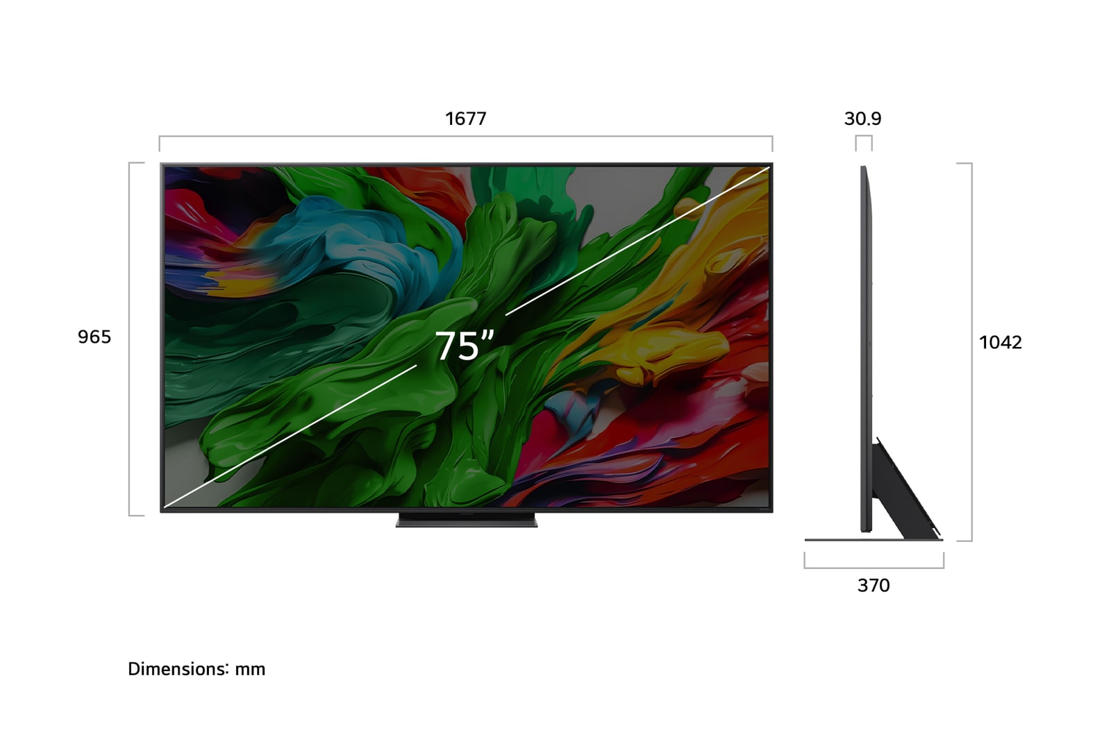 Frontansicht und Seitenansicht des LG QNED evo AI 4K Smart TV mit den Abmessungen Länge, Breite, Höhe und Tiefe.