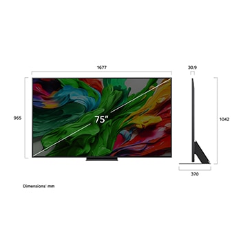 Frontansicht und Seitenansicht des LG QNED evo AI 4K Smart TV mit den Abmessungen Länge, Breite, Höhe und Tiefe.