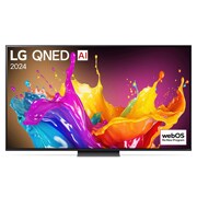 Ansicht der Vorderseite des LG QNED TV, QNED85 mit Text LG QNED und 2024 auf dem Bildschirm