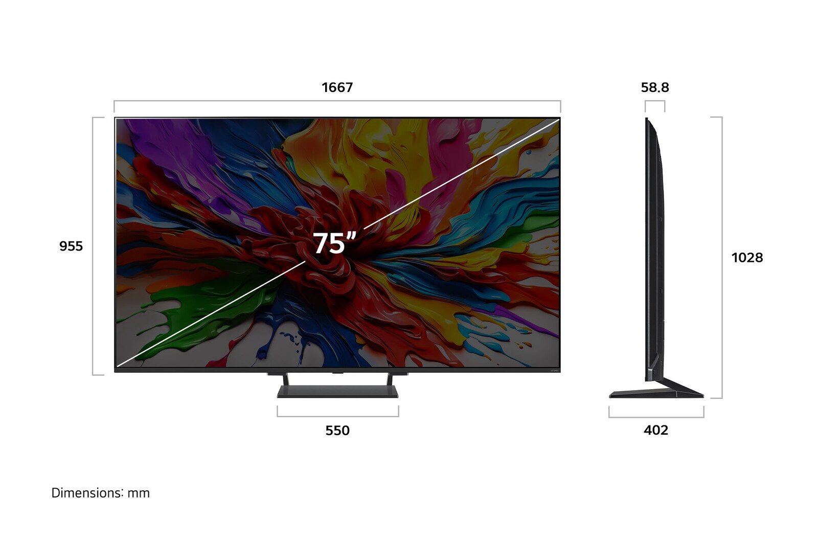 Frontansicht und Seitenansicht des LG QNED evo AI 4K Smart TV mit den Abmessungen Länge, Breite, Höhe und Tiefe.