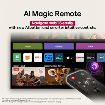 LG AI Magic Remote im Vordergrund. Das AI-Tastensymbol ist hervorgehoben. Im Hintergrund ist die LG webOS-Oberfläche zu sehen. Der Mauszeiger zeigt an, dass die Fernbedienung in Gebrauch ist. Der Text erklärt, wie die Funktionen und Bedienelemente der Fernbedienung das Navigieren in webOS erleichtern. 