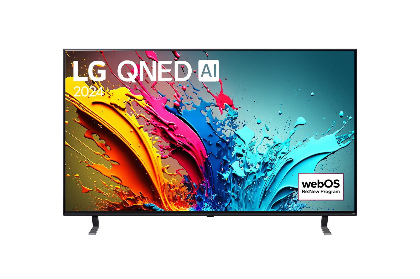 Ansicht der Vorderseite des LG QNED TV, QNED85 mit Text LG QNED und 2024 auf dem Bildschirm