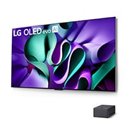 Leicht geneigte rechte Seitenansicht des LG OLED M4 auf dem Standfuß