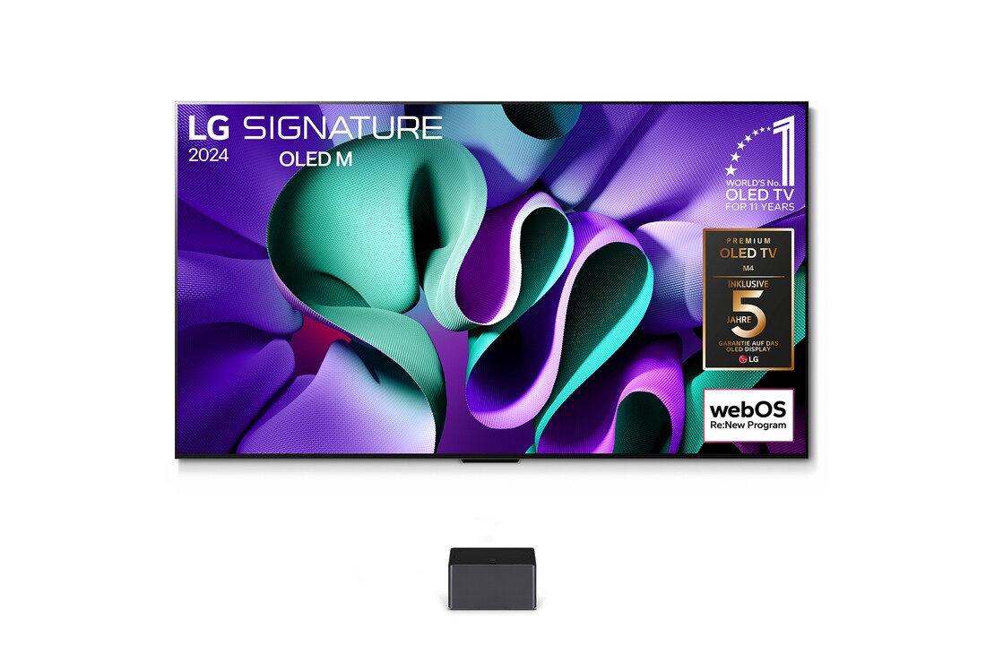 Vorderansicht mit LG OLED M4 auf dem Standfuß und Zero Connect Box darunter, 11 Jahre weltweit Nummer 1 OLED-Emblem, Logo des webOS Re:New-Programms und das Logo der 5-Jahres-Garantie auf dem Bildschirm