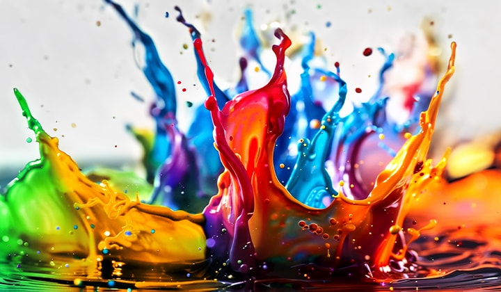 Farbkleckse in verschiedenen Farben spritzen vom Boden auf.