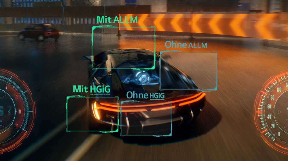 Ein Standbild aus einem Rennspiel, das die verbesserte Bildqualität dank HGIG und ALLM im Vergleich zum Bild ohne diese Funktionen zeigt.