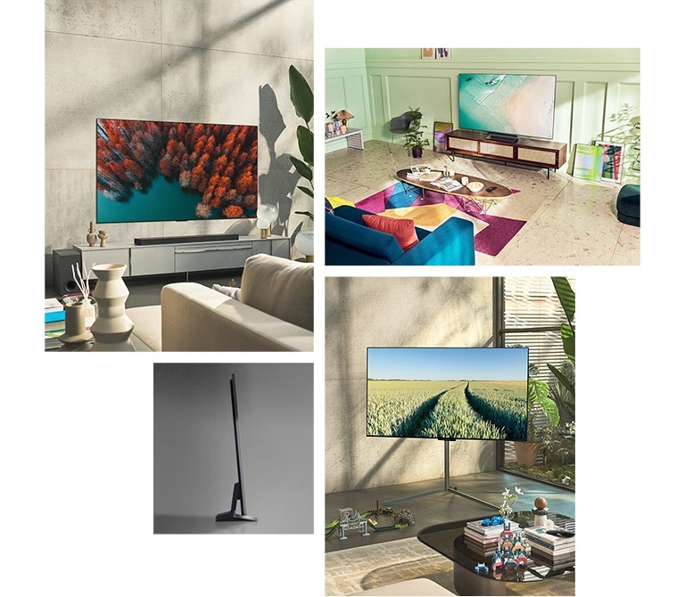 Ein LG OLED evo TV C2 hängt an der Wand eines Wohnzimmers mit Pflanzen, einem Stapel Bücher und einem Schrank im Vintage-Stil. Ein LG OLED evo TV C2 hängt an der Wand in einem minimalistisch eingerichteten Raum neben einem Regal mit monochromen Ornamenten. Seitenansicht des unteren Bereichs des LG OLED evo TV C2. Ein LG OLED evo TV C2 steht auf einem Standfuß in einem farbenfrohen Wohnzimmer neben einem Stapel von Büchern. Ein LG OLED evo TV C2 steht auf einem Standfuß in einem terrakottafarbenen Raum neben zwei ledernen Esszimmerstühlen mit passendem Hocker und Webteppich.