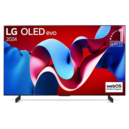 Vorderansicht mit LG OLED evo TV C4, Emblem „Bester OLED seit 11 Jahren“ und Logo „webOS Re:New-Programm“ auf dem Bildschirm