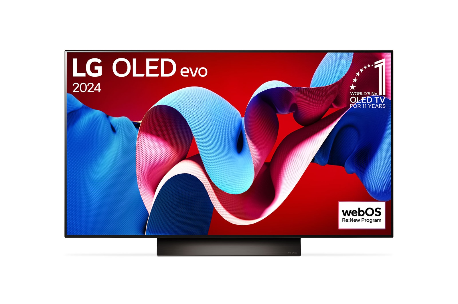 Vorderansicht mit LG OLED evo TV C4, Emblem „Bester OLED seit 11 Jahren“ und Logo „webOS Re:New-Programm“ auf dem Bildschirm
