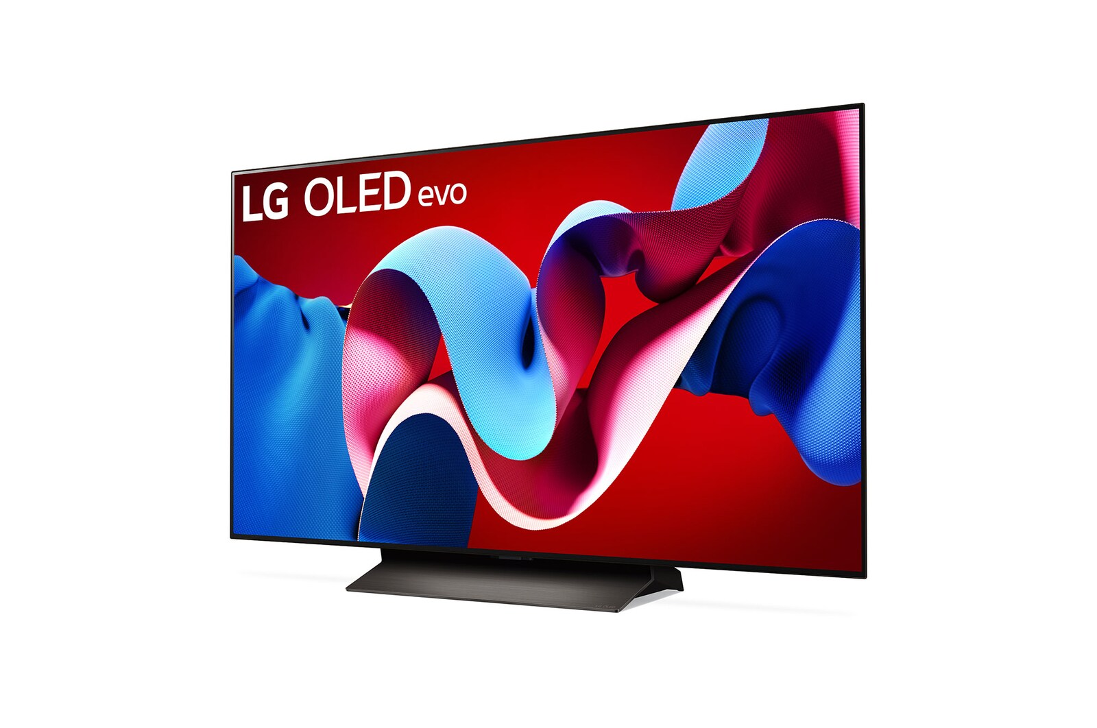 Leicht geneigte, nach links gerichtete Seitenansicht des LG OLED evo TV C4