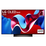 Vorderansicht mit LG OLED evo TV C4, Emblem „Bester OLED seit 11 Jahren“ und Logo „webOS Re:New-Programm“ auf dem Bildschirm