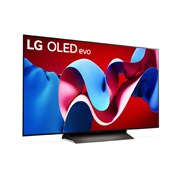 Leicht geneigte, nach rechts gerichtete Seitenansicht des LG OLED evo TV C4