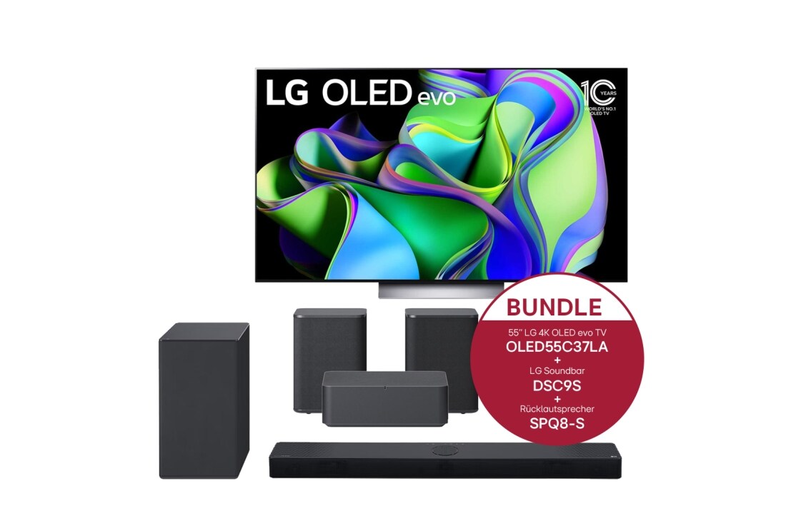 LG 55'' LG 4K OLED evo TV C3 & 3.1.3 Dolby Atmos® Soundbar mit 400 Watt | kabelloser Subwoofer & 2.0 Rücklautsprecher mit 140 Watt | Kompatibel mit Soundbars DS90QY und DS80QY | Wireless-Anbindung, OLED55C37LA.DSC9SPQ