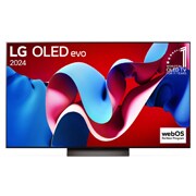 Vorderansicht mit LG OLED evo TV C4, Emblem „Bester OLED seit 11 Jahren“ und Logo „webOS Re:New-Programm“ auf dem Bildschirm