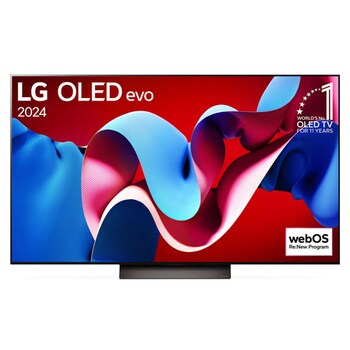 Vorderansicht mit LG OLED evo TV C4, Emblem „Bester OLED seit 11 Jahren“ und Logo „webOS Re:New-Programm“ auf dem Bildschirm