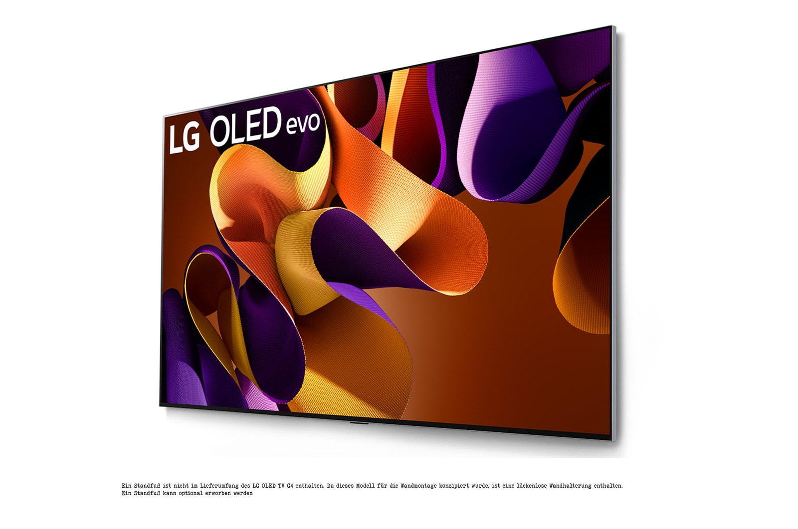 Slightly-angled right-facing side view of LG OLED evo TV, OLED G4 on the wall
