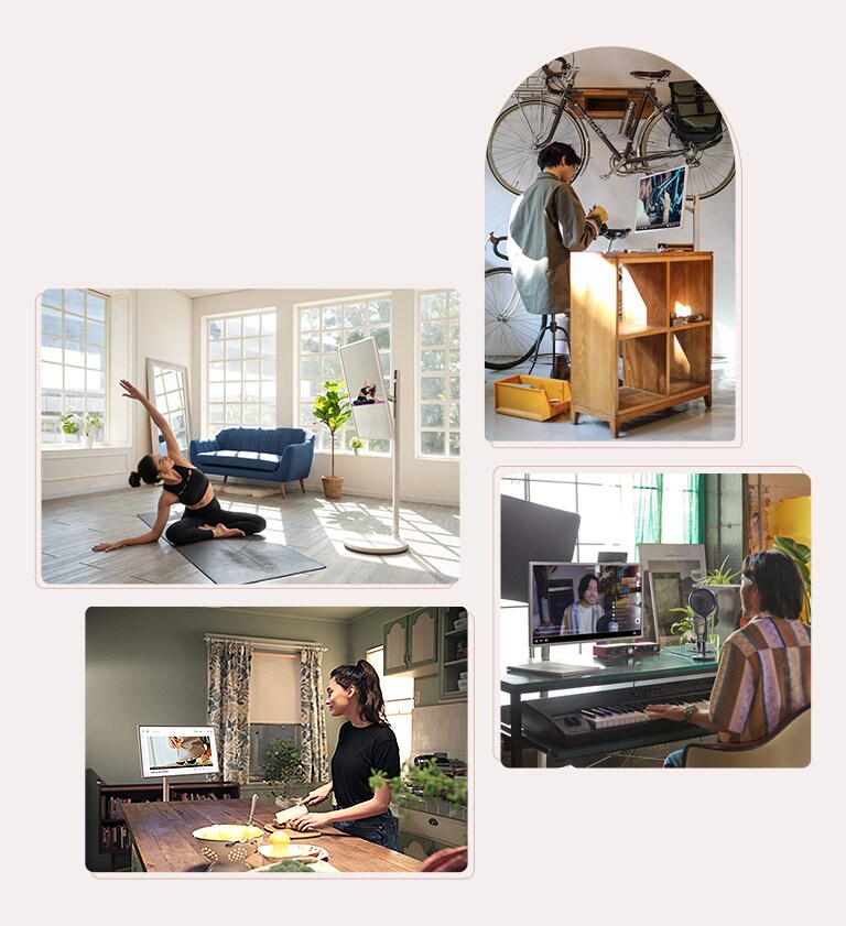 Es gibt 4 Collagen mit Lifestyle-Bildern von Menschen, die verschiedene Aktivitäten ausführen, während sie fernsehen - eine Frau macht Yoga, während sie ein Yoga-Tutorial anschaut, ein Mann repariert sein Fahrrad, während er ein Tutorial anschaut, ein anderer Mann streamt sich selbst beim Singen, und eine Frau kocht, während sie ein Rezeptvideo anschaut