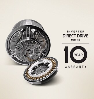 Es gibt ein Logo für den Motor einer Waschmaschine und einen Inverter DirectDrive®-Motor mit 10-jähriger Garantie.	