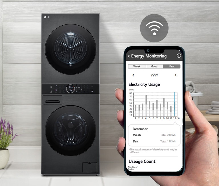 In einem Waschraum steht eine Waschmaschine. Eine Hand, die ein Telefon hält, zeigt den Bildschirm in die Kamera. Auf dem Bildschirm werden die Wartungsinformationen und der Energieverbrauch mit einem WLAN-Symbol über dem Bildschirm angezeigt.