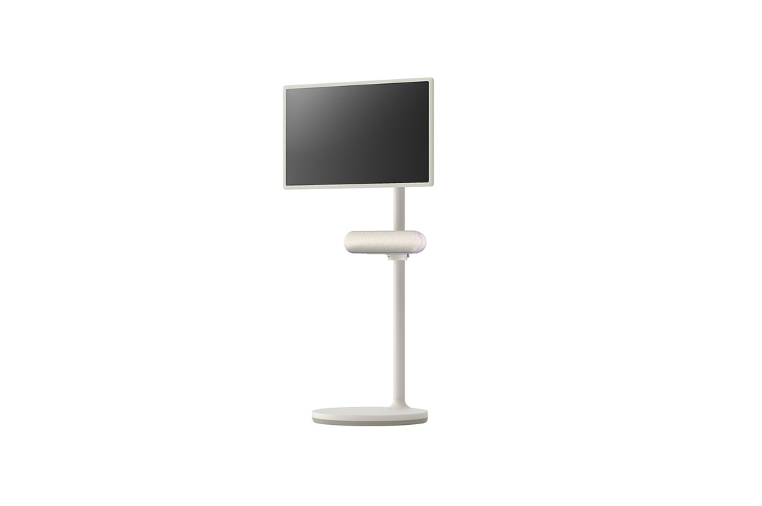 45 degree angle with the right side facing forward. The speaker is attached to LG StanbyME.