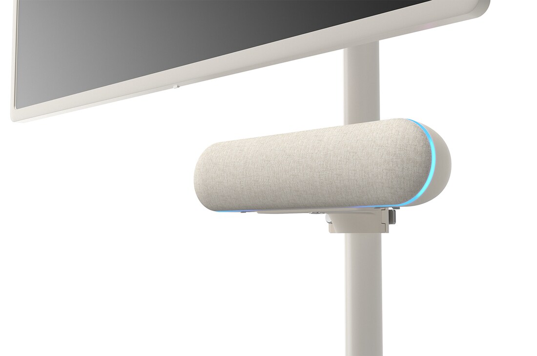 Close-up of the 45 degree angle with the speaker with mint mood lighting on attached to LG StanbyME.