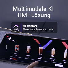 Benutzer interagiert mit der Touchscreen-Oberfläche, die von der multimodalen AI HMI-Lösung betrieben wird, und wählt das Kaffeemenü mit der Aufforderung des AI-Assistenten aus