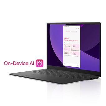 LG gram Laptop mit On-Device AI und smartem Assistenten-Interface auf dem Bildschirm.