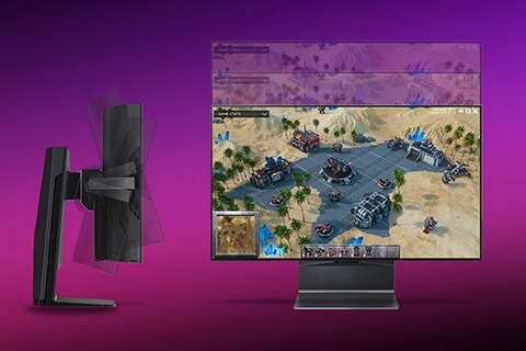 Ein Bild mit LG OLED Flex von der Seite und von vorne gesehen. Die Seitenansicht zeigt die Neigungsfunktion, während die Vorderansicht die Höhenverstellbarkeit demonstriert.