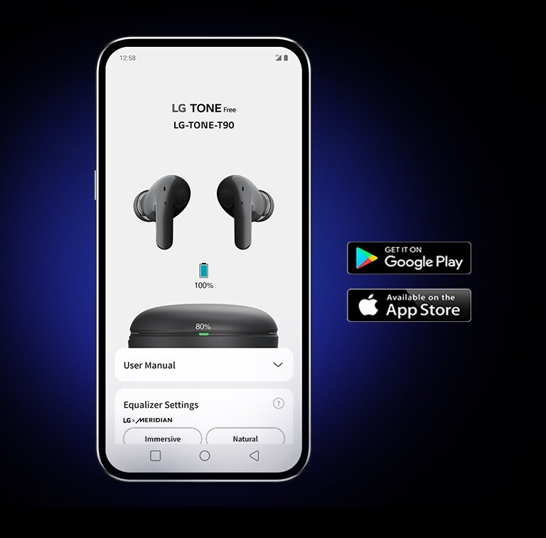 Ein Smartphone zeigt die LG TONE Free App vor einem dunklen Hintergrund. Symbole für Made for iPhone und Get it on Google Play befinden sich rechts.