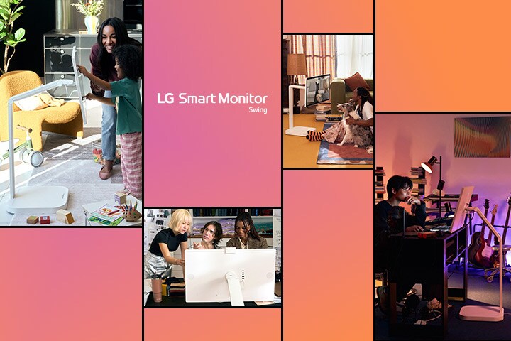 Das Bild zeigt eine Frau, die einen LG Smart Monitor Swing mit einem Kind benutzt, drei Personen, die sich einen Schreibtisch teilen und auf einen LG Smart Monitor Swing schauen, einen Mann, der mit seinem Hund einen LG Smart Monitor Swing Bildschirm betrachtet, und einen weiteren Mann, der auf einem LG Smart Monitor Swing arbeitet.