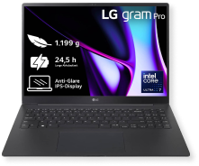 LG Gram Pro Laptop mit schwarzem Design und farbigem Display.