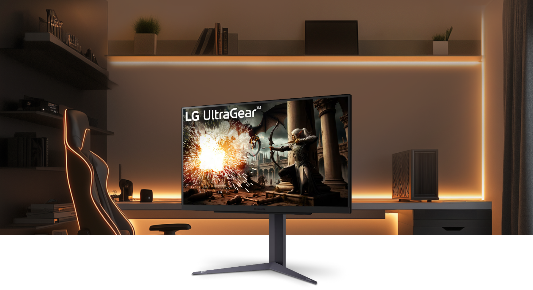 Der LG UltraGear Gaming Monitor steht vor einem sanft beleuchteten Gaming-Zimmer-Hintergrund.