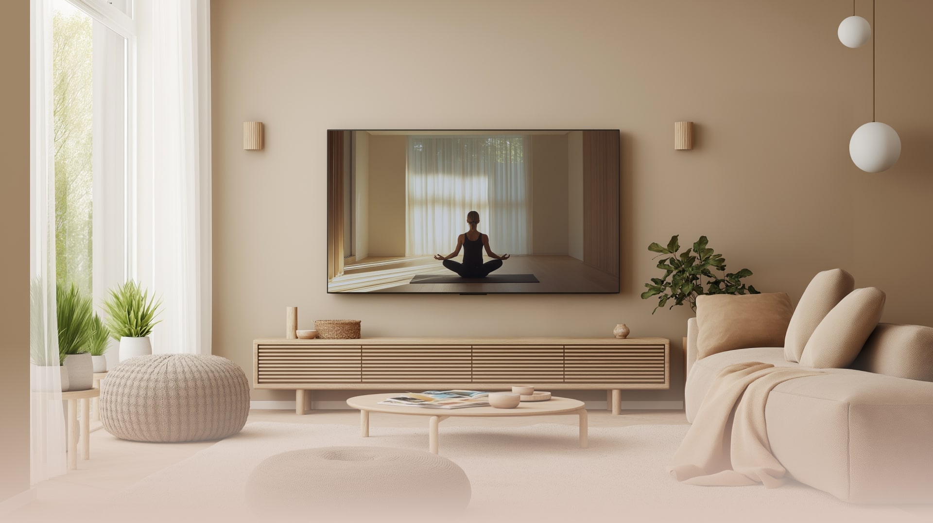 Modernes Wohnzimmer mit einem LG OLED TV, der eine Yoga-Sitzung zeigt, minimalistisches Design und gemütliche Atmosphäre.