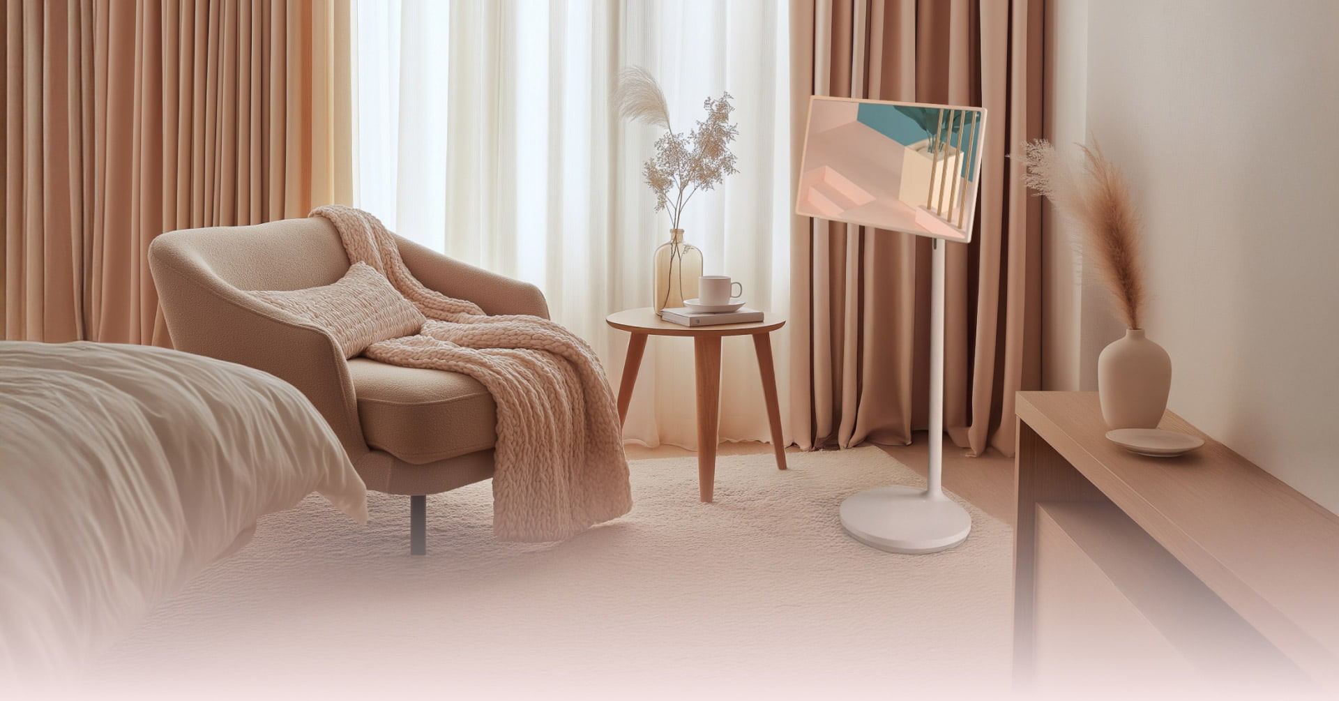 Elegantes Schlafzimmer mit einem LG StanbyME neben einem gemütlichen Sessel, sanftem Licht und minimalistischem Dekor für eine ruhige Atmosphäre.