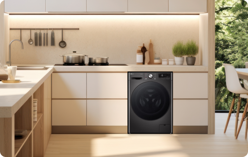 LG Waschmaschine integriert in eine moderne Küche mit eleganten Schränken.