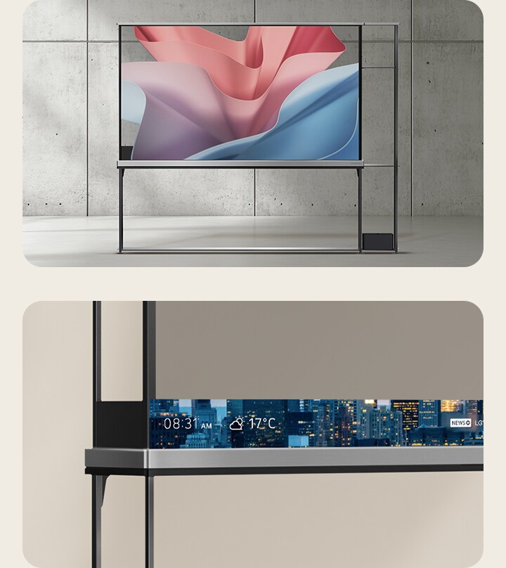 Vorderansicht des LG SIGNATURE OLED T mit einem abstrakten Hintergrund auf einem transparenten Bildschirm.   Linke Ecke eines LG SIGNATURE OLED T mit der T-Bar, die Zeit und Wetter vor einem großstädtischen Hintergrund anzeigt. 