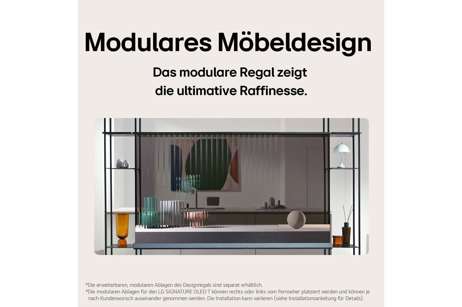 Front view of an LG SIGNATURE OLED T, featuring objects placed on the left and right modular shelving units.