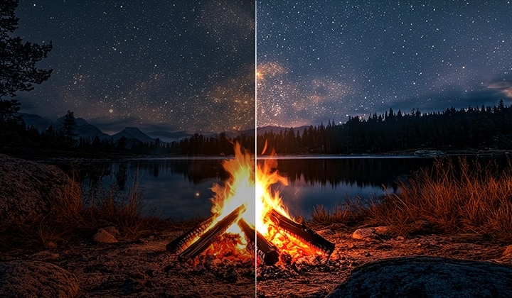 Nächtliches Lagerfeuer inmitten der Natur. In der Ferne sind ein Wald und ein See zu sehen. Der Abendhimmel ist mit Sternen übersät. Die Szene ist in zwei Hälften geteilt. Auf der einen Seite zeigt sie die beeindruckende Brillanz vom Brightness Booster. Auf der anderen Seite ist es dunkler und grauer. 