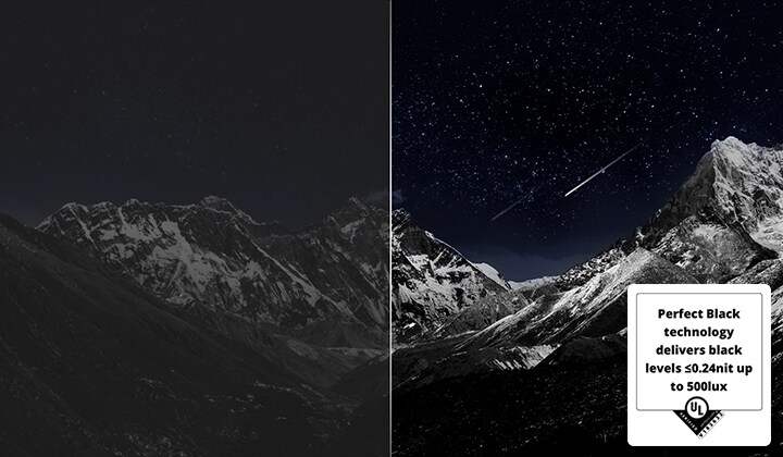 Bergkette mit dunklem Abendhimmel voller Sterne. Das Bild ist in zwei Hälften geteilt, wobei die eine Seite ein matteres, graueres Bild zeigt, während die andere Seite ein angenehmeres Bild mit einem größeren Dynamikbereich von Schwarz und Weiß zeigt. Die Perfect Black Technology liefert Schwarzwerte kleiner oder gleich 0,24 nit bei bis zu 500 Lux.