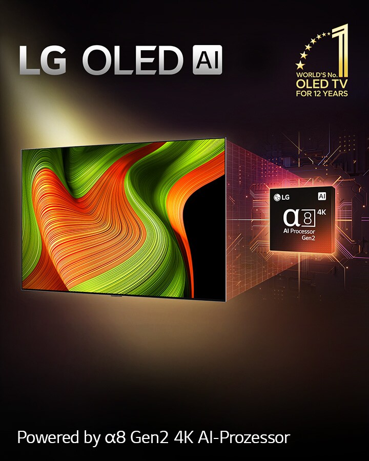 Auf dem Bildschirm eines LG OLED AI TVs ist ein abstraktes Bild mit beeindruckenden Details, Farben und Kontrasten zu sehen. Hinter dem Fernseher befindet sich eine vergrößerte Version des alpha 8 Gen2 4K AI-Prozessors. Er leuchtet und die Mikrochip-Schaltkreise um ihn herum sind beleuchtet. Der Titel lautet LG OLED AI. Außerdem ist der Text „Powered by LG alpha 8 Gen2 4K AI-Prozessor“ zu sehen. In der Ecke befindet sich ein goldenes Logo mit Sternen, auf dem steht: „World's number one OLED TV for 12 years“.	