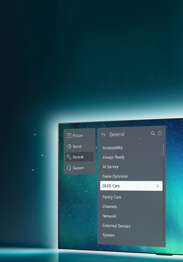 OLED TV steht auf der rechten Seite des Bildes. Das Support-Menü wird auf dem Bildschirm angezeigt und das Menü OLED Care ist ausgewählt.	