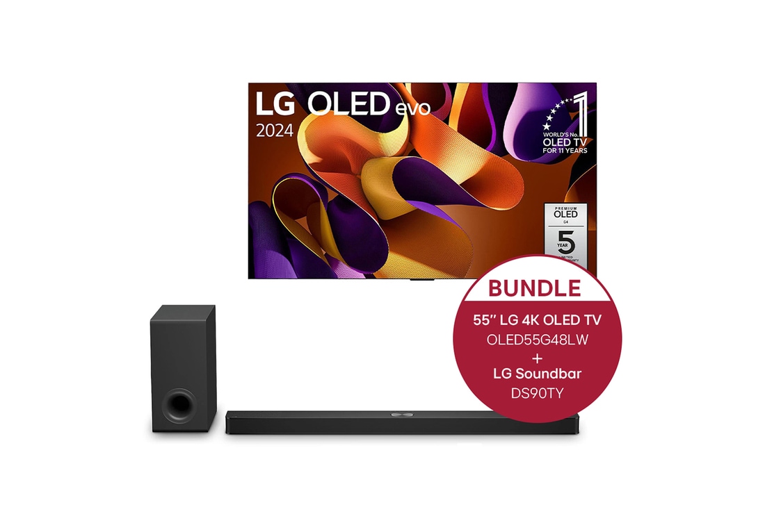 LG 55 Zoll LG OLED evo G4 4K Smart TV +5.1.3 Kanal LG TV Soundbar DS90TY mit Dolby Atmos, OLED55G48LW.DS90TY